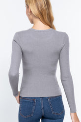 ACTIVE BASIC Women's Ribbed Knit Long Sleeve Top - Trendy Round Neck Sweater